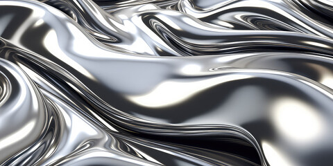 Close up texture of liquid shiny metal in silver gray color with highlights and shimmers. Liquid metallic texture, backdrop for web promotion. Generative AI 3d rendering illustration imitation. - obrazy, fototapety, plakaty