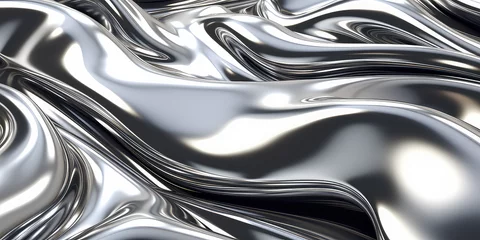 Rolgordijnen Close up texture of liquid shiny metal in silver gray color with highlights and shimmers. Liquid metallic texture, backdrop for web promotion. Generative AI 3d rendering illustration imitation. © SnowElf