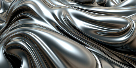Close up texture of liquid shiny metal in silver gray color with highlight and shimmers. Liquid metallic texture, backdrop for web promotion. Generative AI 3d render illustration imitation.