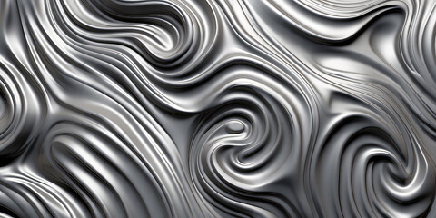 Obraz premium Close-up texture of liquid shiny metal in silver gray color with highlights and swirls. Liquid metallic texture, backdrop for web promotion. Generative AI 3d render illustration imitation.