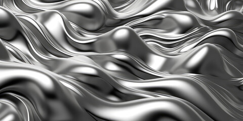 Closeup texture of liquid shiny metal in silver gray color with highlights and shimmers. Liquid metallic texture, backdrop for web promotion. Generative AI 3d render illustration imitation.