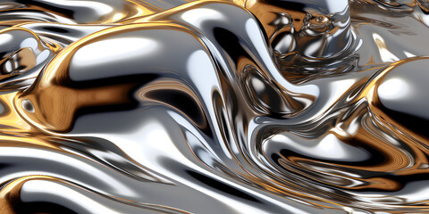 Close-up texture of liquid shiny metal in silver gray, yellow color with highlights and shimmers. Liquid metallic texture, backdrop for web promotion. Generative AI 3d render illustration imitation.