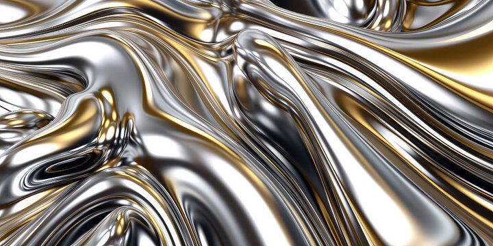 Close-up texture of liquid shiny metal in silver gray color with highlights and gold shimmers. Liquid metallic texture, backdrop for web promotion. Generative AI 3d render illustration imitation.