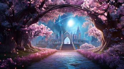 Fantasy fairy tale castle land land in a fantastic, realistic style. Digital artwork, concept illustration. For poster, wallpaper, video games background.