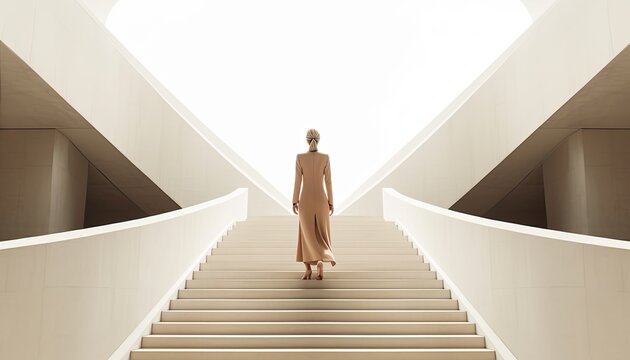 Businesswoman on stairs looking up. Concept of achievement and goals.