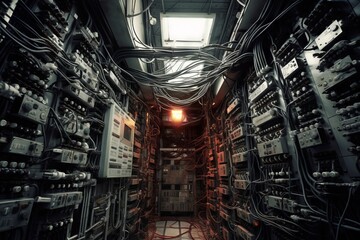 Cluttered room with various electrical wires and equipment. Generative AI