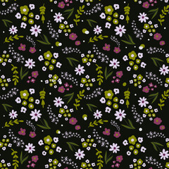 Fototapeta na wymiar Dark trendy botanical seamless textile pattern for fabric, hand drawn, vector. Flower pattern with small flowers, beautiful botanical print. Floral fashion pattern, ditsy print 