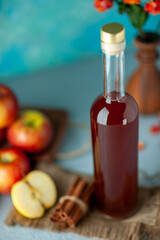 front view apple vinegar with apples on blue background food juice drink sour color red fruit alcohol wine