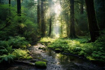 Serene stream flowing through a vibrant green forest. Generative AI