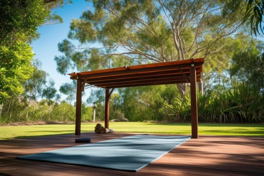 Yoga mat on a wooden deck surrounded by trees in a park. Generative AI