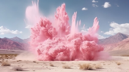 Fototapeta premium A pink smoke cloud rising from the desert landscape. Generative ai