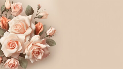 A beautiful bouquet of pink roses on a neutral beige background. Generative ai