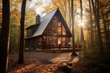 Cozy cabin nestled in a serene forest setting. Generative AI