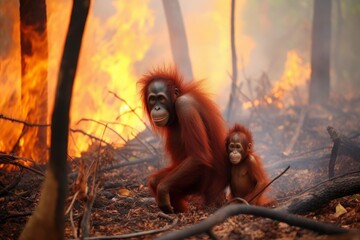 Mother orangutan and her baby warming up by a cozy fire. Generative AI