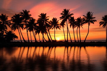 Fototapeta na wymiar Silhouettes of palm trees on the beach during sunset generative ai 