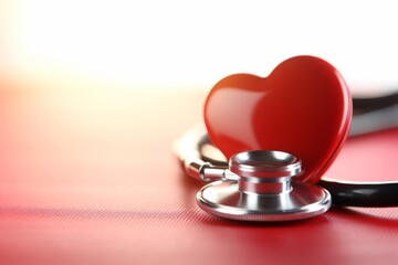 Stethoscope and red shape heart resting on a bright red table, emphasizing the importance of medical examinations. Generative AI