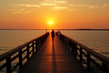 Person strolling along a pier, bathed in the warm hues of a sunset. Generative AI
