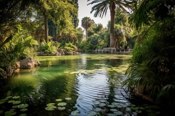 Obraz premium Serene pond with lush palm trees and vibrant water lilies. Generative AI