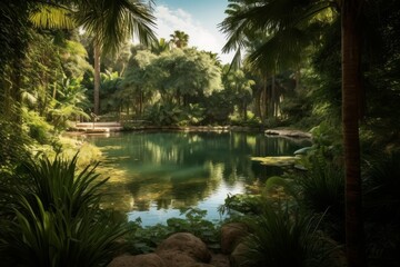 Serene pond surrounded by lush palm trees and rocky terrain. Generative AI