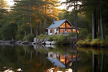 Obraz premium Charming lakefront house surrounded by lush forest. Generative AI