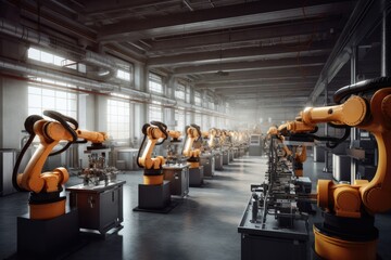 Group of robots working together in a factory. Generative AI