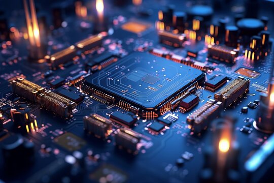 Detailed view of a computer motherboard showing its components. Generative AI