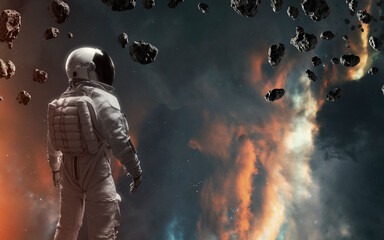 Obraz na płótnie Canvas 3D illustration of astronaut at asteroid field in deep space. 5K realistic science fiction art. Elements of image provided by Nasa