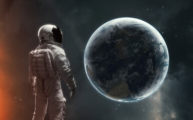 3D illustration of astronaut near the Earth and Moon. 5K realistic science fiction art. Elements of image provided by Nasa