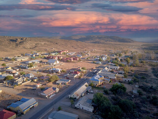 Aerial of small town on remote landscape, northern cape, south africa