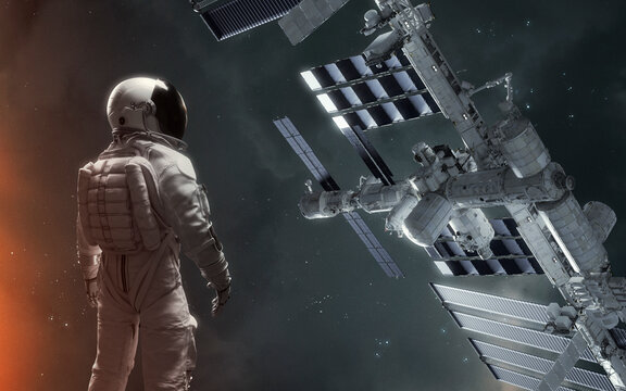 3D illustration of astronaut looks at space station. 5K realistic science fiction art. Elements of image provided by Nasa