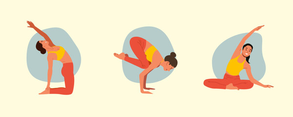 Yoga poses set editable vector illustration Young woman practicing Yoga pose. Women work out fitness and exercise for banner, social media, and email design vectors. 

