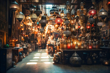 Metal filigree lanterns in a middle east bazaar. Oriental artwork and craft. Created with Generative AI technology.