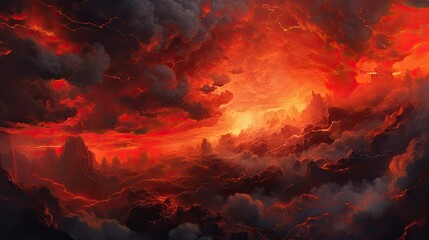 Dark Nature Art: Red Lava and Cloudy Skies at Night, Generative AI
