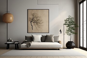 Modern Japanese Living Room: Grey Tatami, Minimalist Poster, Frontal Plant Frame - Contemporary Interior Design for Your Home: Generative AI
