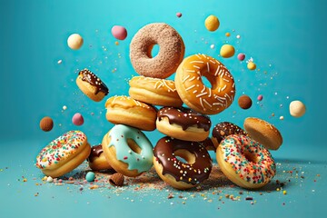Tower of Deliciousness: Colourful Flying Donuts with Sprinkles on a Blue Background: Generative AI