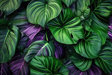 Organic Splendor: Green & Purple Tropical Monstera Leaf Foliage & Floral Background for Nature Design. Generative AI