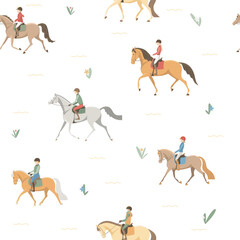 Children ride horses and ponies, seamless pattrern