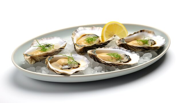 A plate of ice cubes filled with opened fresh oysters.generated with AI.  