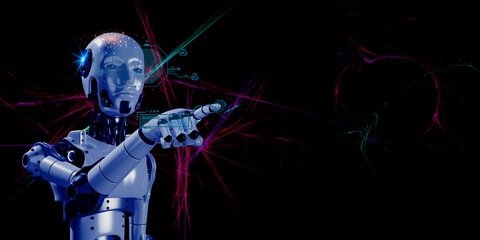 Obraz na płótnie Canvas 3d robotic is processing commands and providing humans with answers. robot with element futuristic digital icon on glow light abstract background