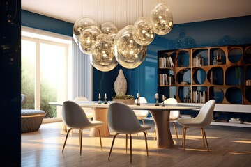 Luxurious and modern, contemporary dining room table. Blue and white tones. 3d render generative ai