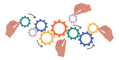 A hand holding a cog. automation of business processes in the team. The concept of the work organization project.
