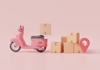 Online delivery package by scooter with parcel box on pink background. Courier service Delivery. motorcycle, Courier, Online order, Online shipping, Fast delivery concept. 3d render illustration