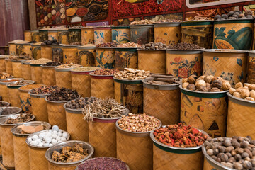 United Arab Emirates, Dubai district Deira, spice market, April 2023. Old traditional souk for spices and herbs. Curry, masala, pepper, dried blossoms, paprika, saffron, red pepper, mint, kind teas.