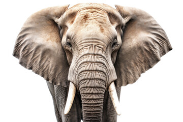 Naklejka na ściany i meble Portrait of a massive gray elephant with large ivory tusks, isolated (Generative AI, Generativ, KI)