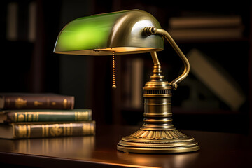 Vintage Brass Banker's Lamp - Lamp with a vintage brass base and a green glass shade, reminiscent of classic banker's desk lamps (Generative AI)