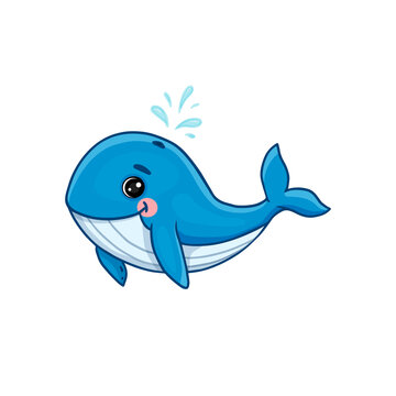 Cartoon Whale, Sea Animal Floating Underwater.