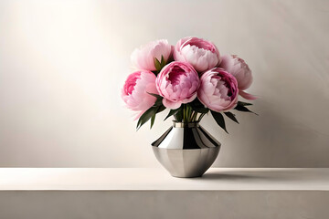 Peony vase arrangement on an off-white background, with a metal origami sculpture as minimalist decor