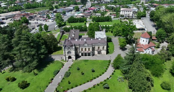 Aerial view of Dadiani Palace in the center of Zugdidi city. Georgia