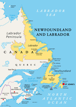 Newfoundland and Labrador, political map. Province of Canada, in the Atlantic region, with capital St. Johns. Island of Newfoundland and continental region of Labrador between Quebec and the Atlantic.