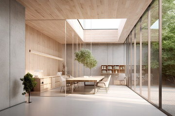 an office with wood desks and glass walls, in the style of high detailed, grey academia, wood, photo-realistic landscapes, vintage minimalism, light silver and light brown generativ ai